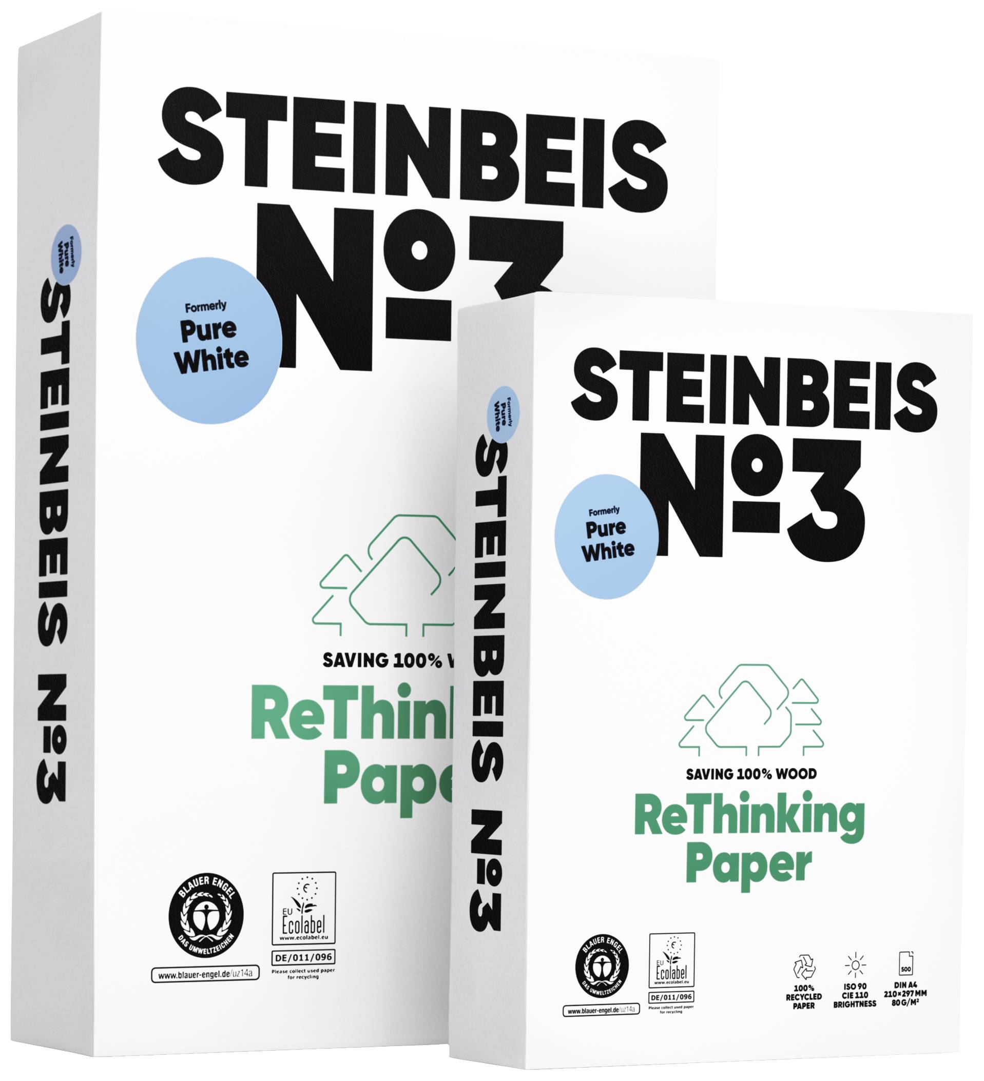 Zwei Packungen Recyclingpapier mit der Aufschrift 'STEINBEIS No. 3', betonen Umweltfreundlichkeit durch 100% holzfreie Herstellung.