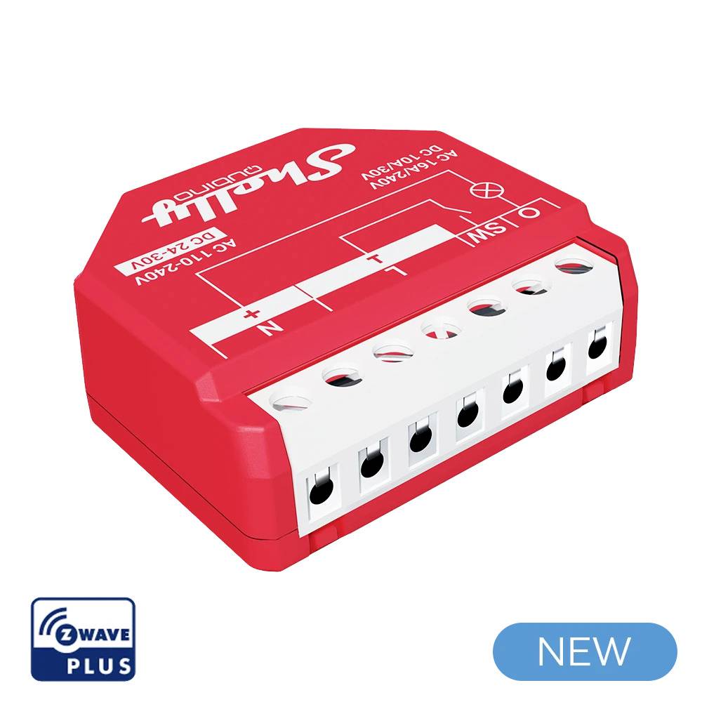 Rotes Z-Wave Plus Gerät mit Kabelanschlüssen, markiert mit 'N', 'T', und 'L', auf weißem Hintergrund.