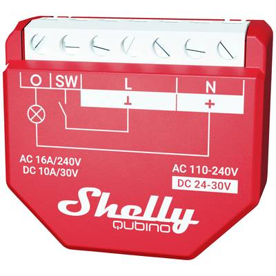 Rotes Shelly Qubino-Relais mit Schalt- und Anschlussdiagramm für Stromkreise. Markiert mit AC- und DC-Kompatibilitätshinweisen.
