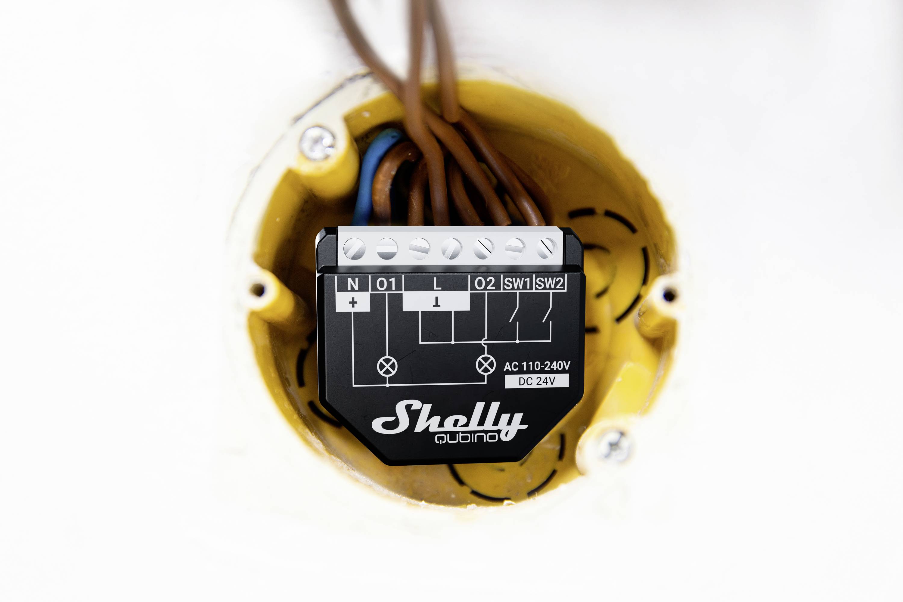 Ein elektrischer Schalter mit der Aufschrift 'Shelly' zeigt Anschlussdiagramme. Kabel sind angeschlossen, Spannung 110-240V AC, 24V DC.