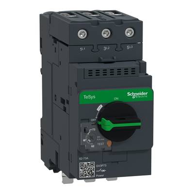 Industrieschalter mit grünem Schaltergriff, Markenlogo von Schneider Electric, Skala für Einstellungen und Beschriftungen auf der Vorderseite.
