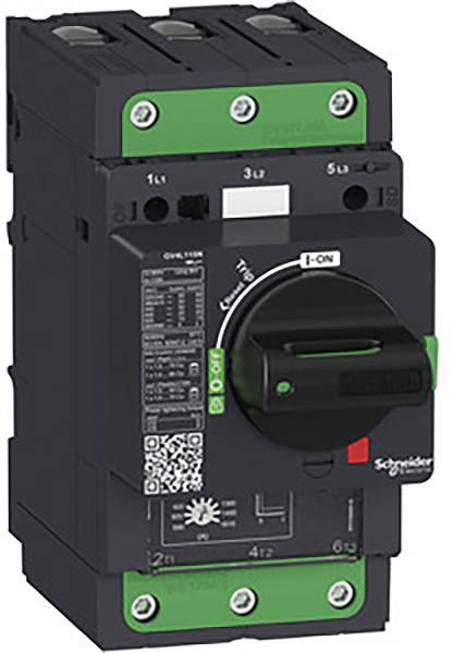 Elektrischer Leistungsschalter mit Drehknopf, beschrifteten Schaltern und QR-Code, montiert in einem schwarzen und grünen Gehäuse.