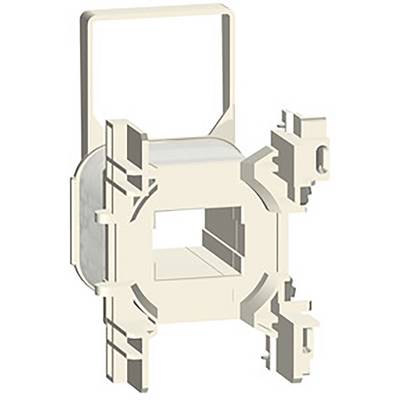 Ein 3D-Modell eines beige Kunststoffteils, das mechanische Komponenten mit einem rechteckigen Rahmen und Griff aufweist.