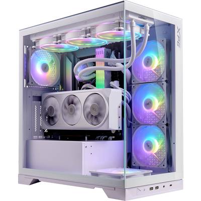 Ein weißer Computergehäuse mit durchsichtiger Seite zeigt bunte LED-beleuchtete Lüfter und einen prägnanten Kühler im Inneren.