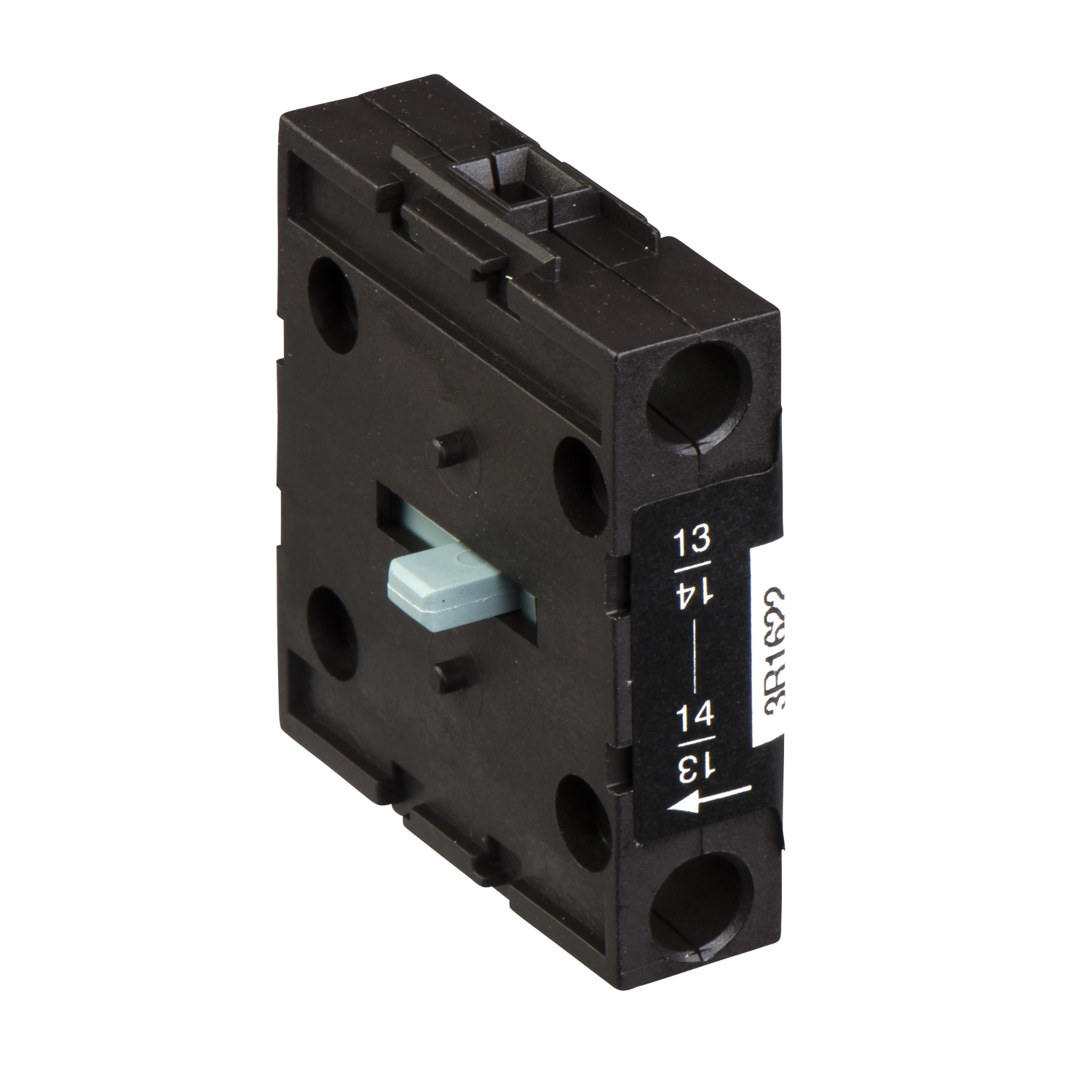 Ein schwarzer elektrischer Schalterblock mit 13 und 14 gekennzeichneten Anschlüssen, montierbar an Schütz oder Relais, rechteckige Form.