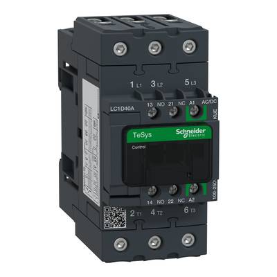 Ein schwarzer elektrischer Schütz mit grüner 'TeSys'-Beschriftung von Schneider Electric, zeigt verschiedene Anschluss- und Kontrollmodule.