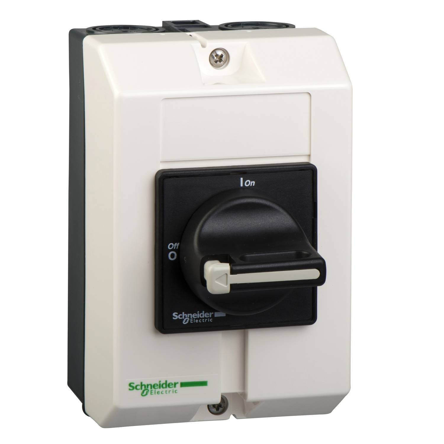Ein weißer elektrischer Hauptschalter mit schwarzem Drehgriff zum Ein- und Ausschalten, markiert mit 'On' und 'Off', von Schneider Electric.