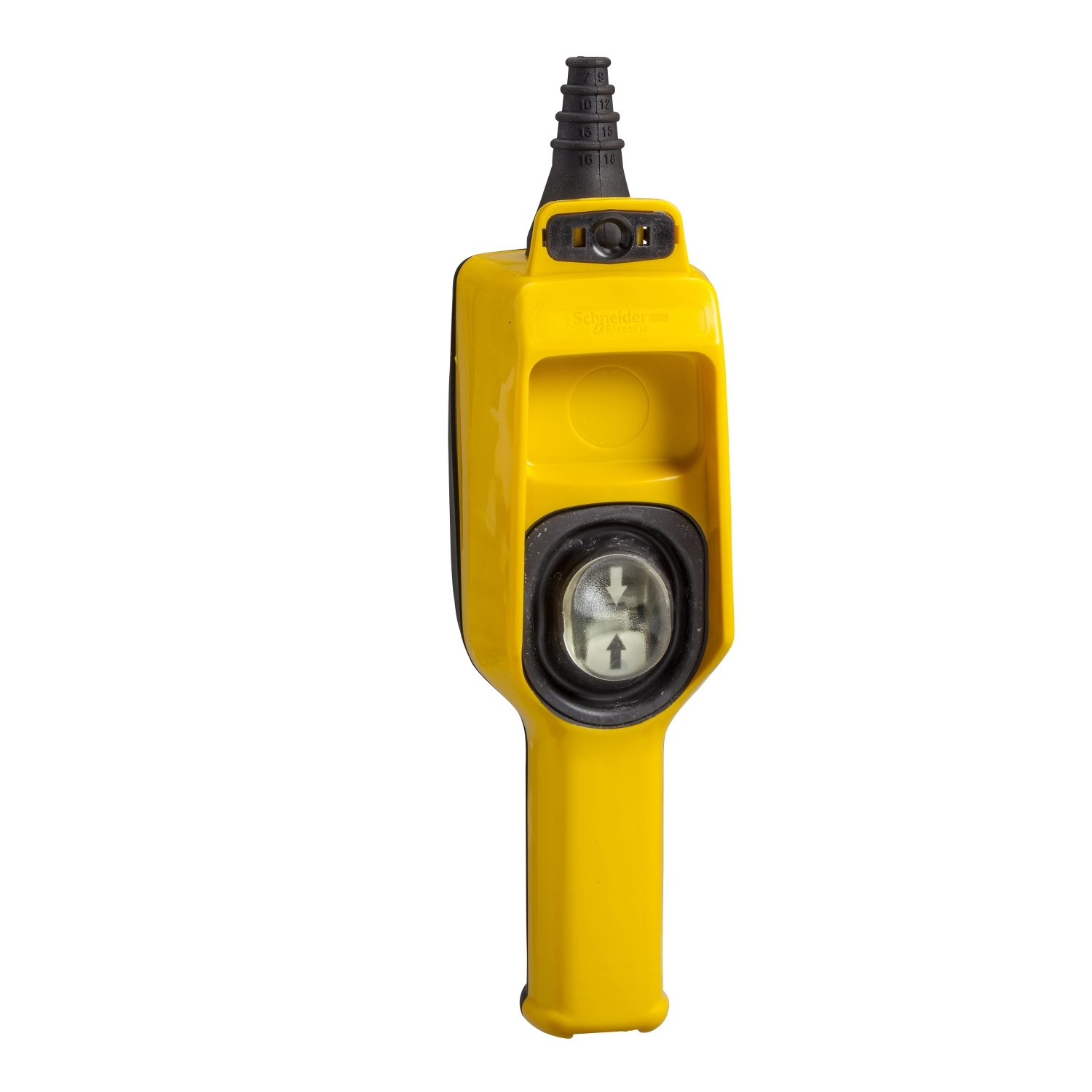 Ein gelber Bediengriff mit einem Pfeil-Symbol auf schwarzem Hintergrund. Dies zeigt an, in welche Richtung das Gerät verwendet werden sollte.