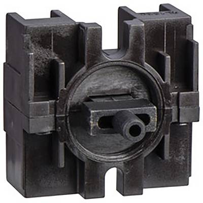 Schwarzes, quadratisches Kunststoffzubehör mit zentralem zylindrischen Vorsprung, das Teil eines technischen oder mechanischen Systems sein könnte.