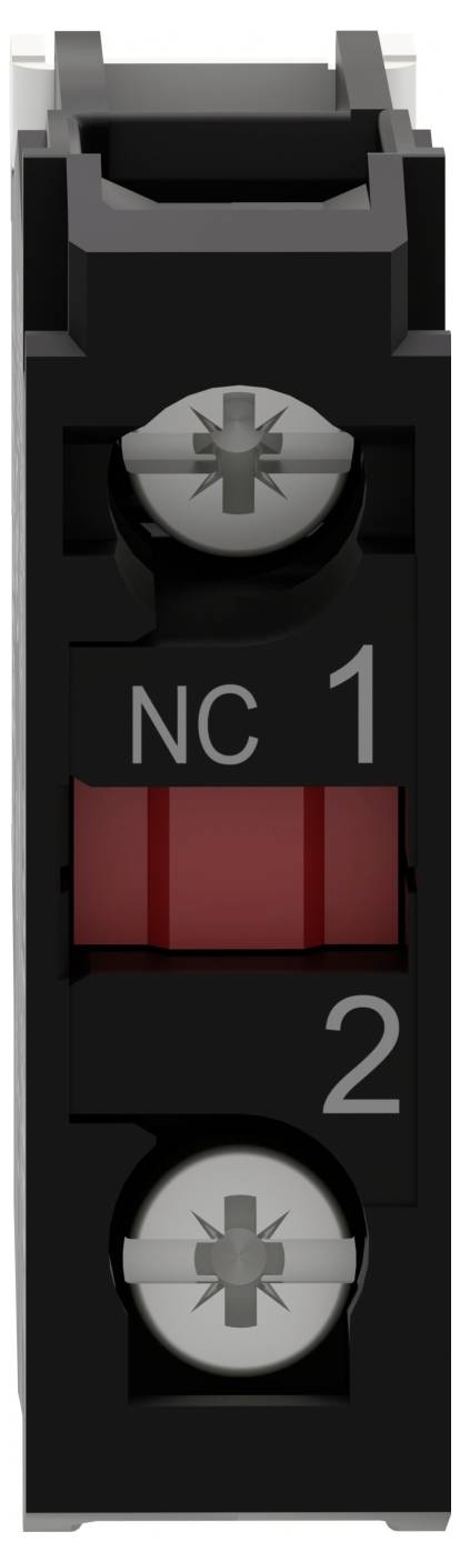 Ein schwarzer elektrischer Schaltblock mit einem roten Umschalter. Beschriftungen umfassen 'NC' oben, gefolgt von '1' und '2' neben den Schrauben.