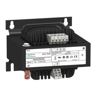 Ein schwarzer elektrischer Transformator von Schneider Electric mit Datenblatt und Anschlüssen. Einsatz in industriellen Schaltkreisen.