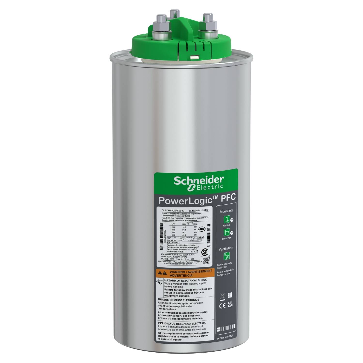 Kondensator von Schneider Electric mit grünem Deckel, geeignet für Leistungsfaktor-Korrektur in elektrischen Systemen.