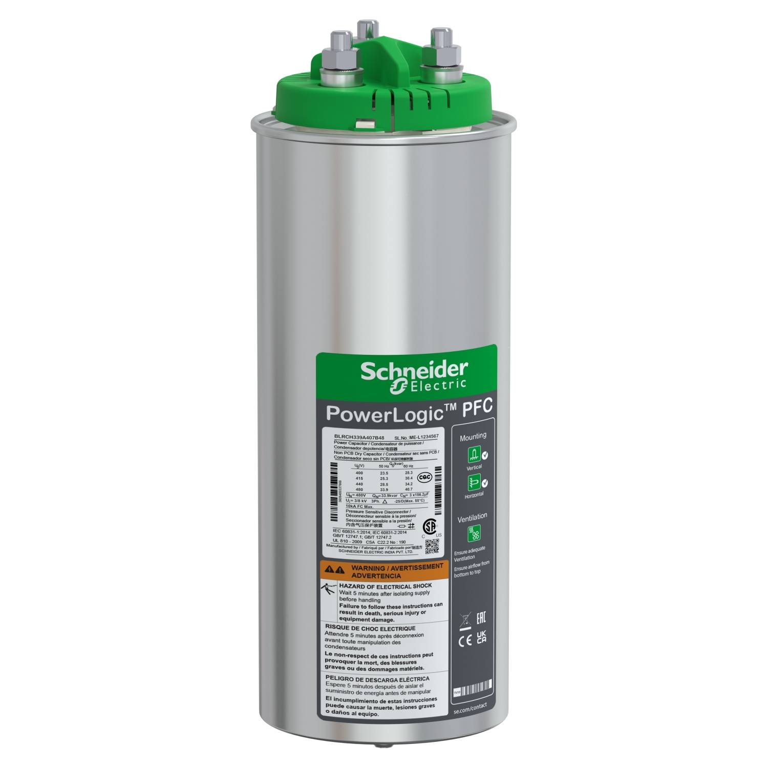 Ein zylindrischer Kondensator von Schneider Electric mit dem Label 'PowerLogic PFC', verwendet zur Verbesserung des Leistungsfaktors.