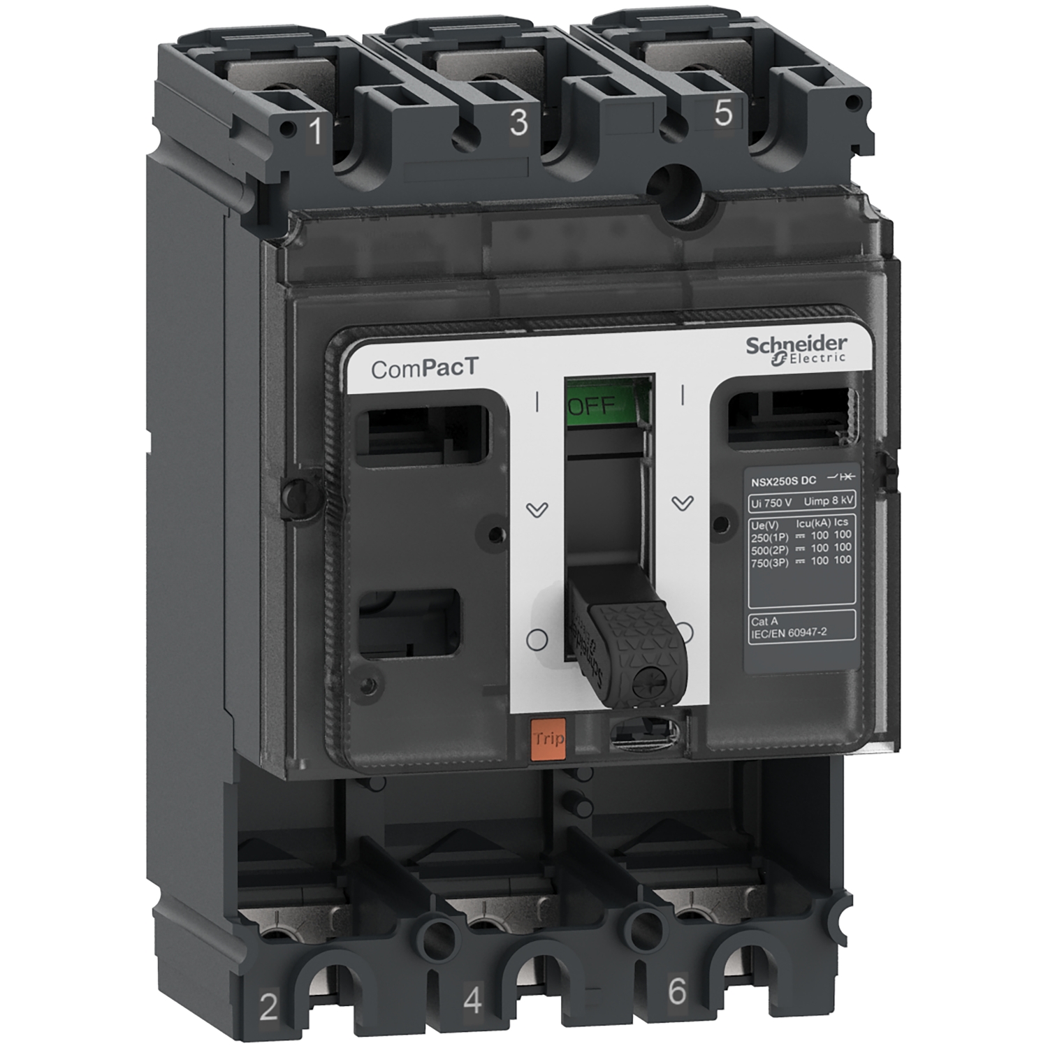 'Leistungsschalter der Marke Schneider Electric. Modell ComPacT NSXm. Schalter zeigt Position aus. Produkt zur elektrischen Schaltung.'