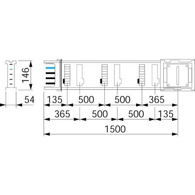 'Technische Zeichnung eines Bauplans mit Maßangaben: 1500 mm Länge, 54 mm Höhe, 146 mm Höhe. Detailliert mit Zahlen und Linien.'