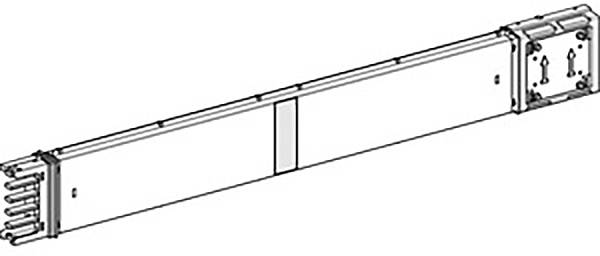 Strukturzeichnung eines länglichen Metallbauteils mit Anschlüssen an beiden Enden, das möglicherweise Teil eines technischen Systems ist.