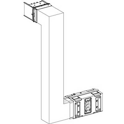 Abbildung eines L-förmigen Bauteils mit Anschlussstücken an beiden Enden, möglicherweise ein Teil eines industriellen Kanalsystems.