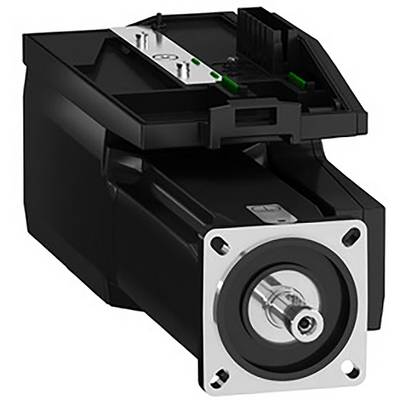 Ein schwarzer Elektromotor mit silberner Frontplatte und sichtbaren Anschlüssen oben, geeignet für industrielle Anwendungen.