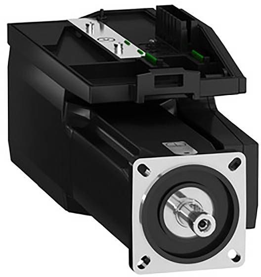 Ein schwarzer Elektromotor mit rechteckigem Gehäuse und sichtbarer Antriebswelle. Oben befinden sich grüne Steckanschlüsse.