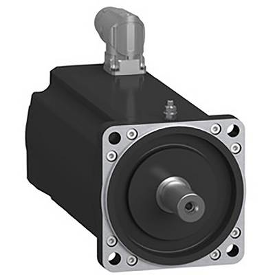 Ein schwarzer Elektromotor mit silberner Frontplatte und sichtbarer Welle. Oben befindet sich ein grauer Anschlussstecker.