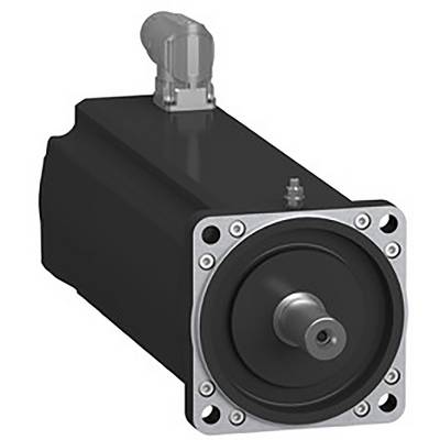 Ein schwarzer Elektromotor mit einem silbernen Anschlussstecker oben. Der Motor hat eine rechteckige Form mit einem zylindrischen Achsantrieb vorne.