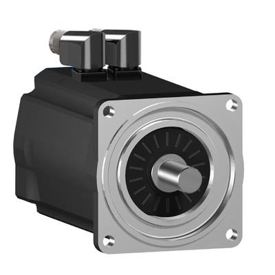 Ein elektrischer Servomotor mit quadratischer Grundplatte und zylindrischem Gehäuse, Kabelanschlüsse oben links sichtbar.