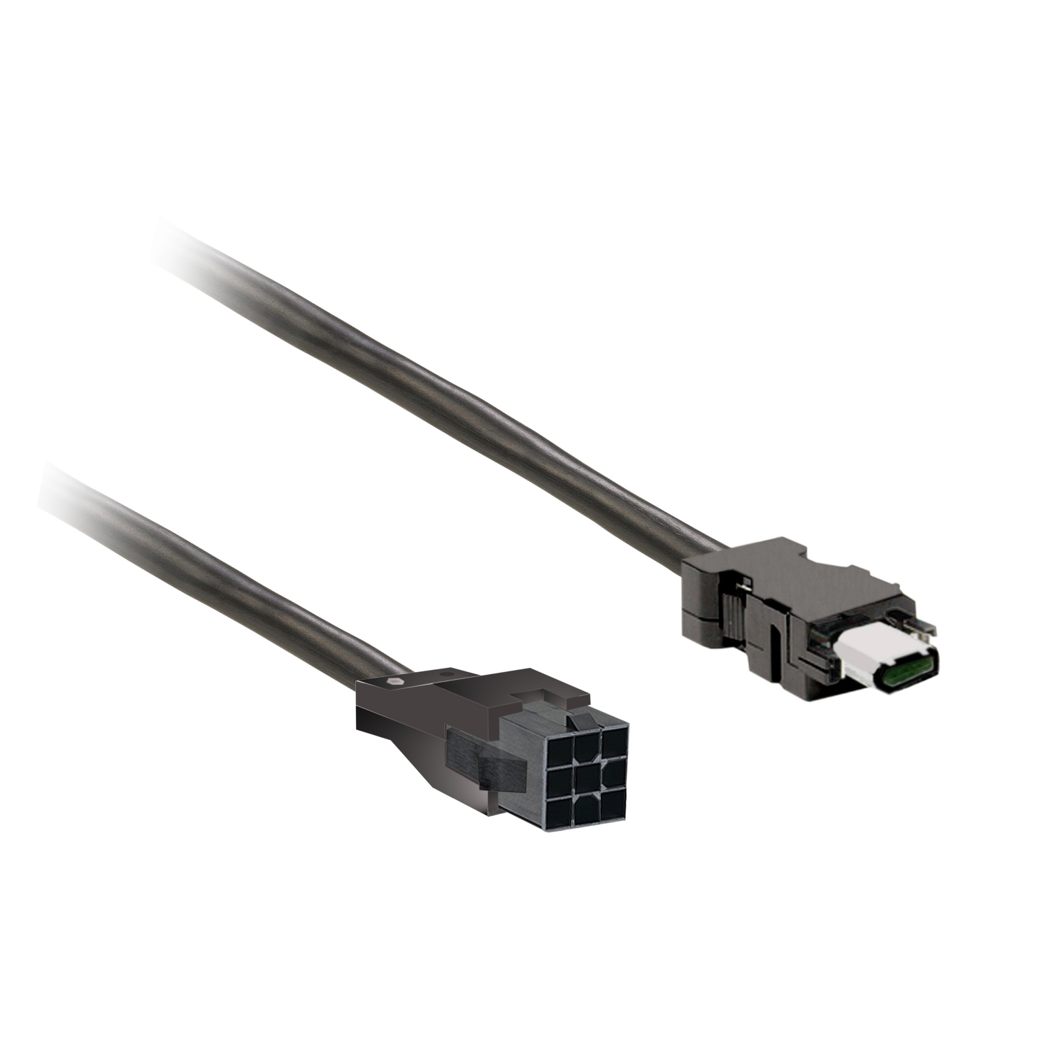 Zwei Kabeltypen: links ein sechspoliger Stromstecker, rechts ein Steckverbinder mit rechteckigem Gehäuse und grünem Einsatz.