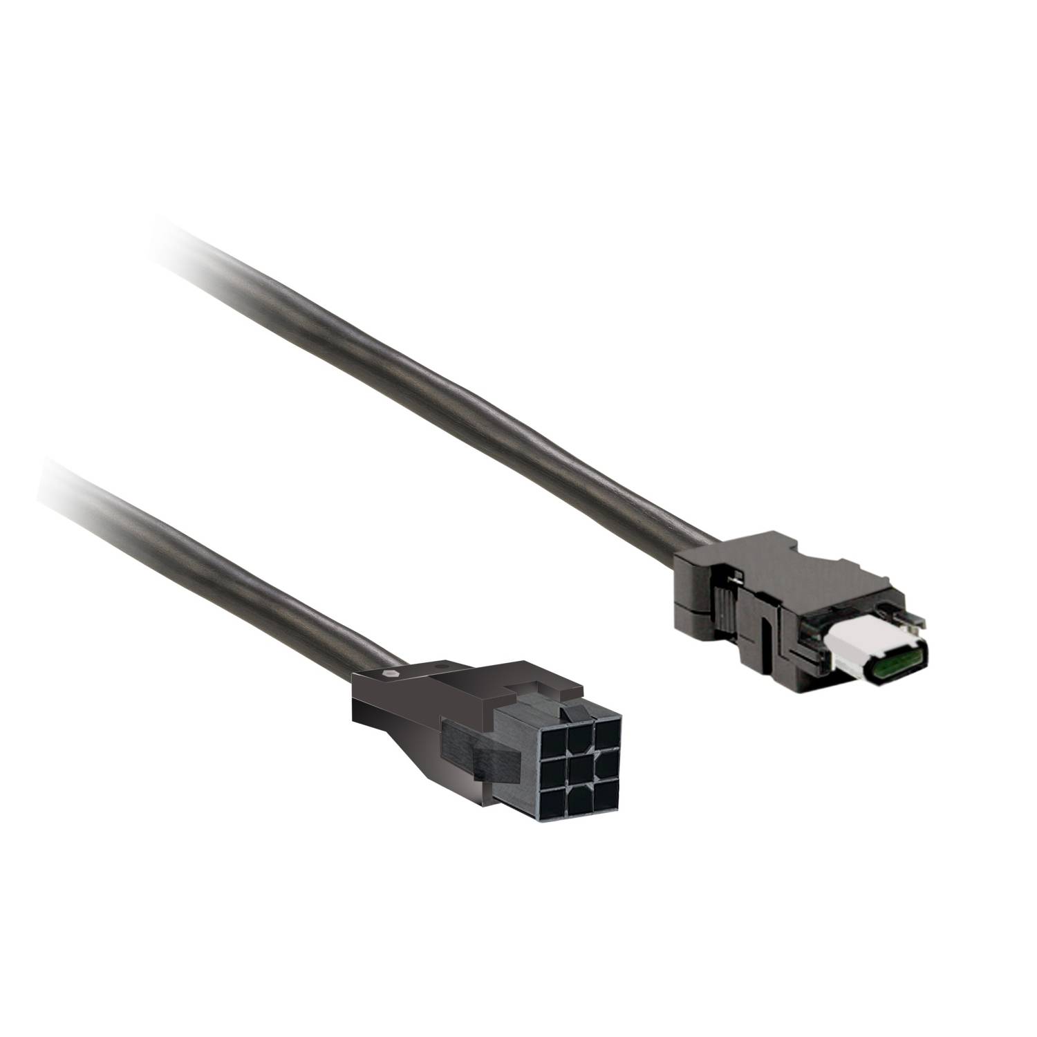 Zwei Steckverbinderkabel: links ein 6-poliger schwarzer Stecker, rechts ein Steckverbinder mit kleiner rechteckiger grüner Fläche.