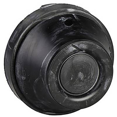 Ein einzelner runder, schwarzer Knopf mit leicht abgenutzter Oberfläche, möglicherweise ein Druckknopf oder Schalter.