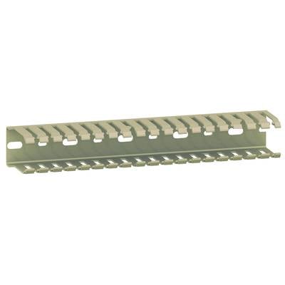 Ein Kabelkanal mit offenem Schlitzdesign zur Aufnahme und Führung von Kabeln. Beige Kunststoff, rechteckig, mit seitlichen Öffnungen.