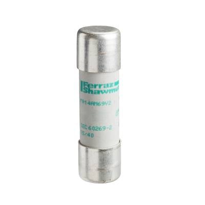 Sicherung mit grüner Aufschrift 'Ferraz Shawmut'. Zylindrisch, Metallkappen an beiden Enden, dient zum Schutz elektrischer Geräte.