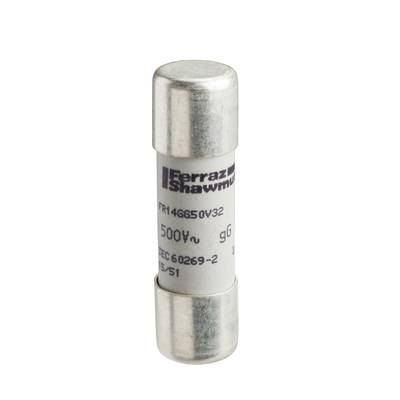 Sicherungseinsatz von Ferraz Shawmut, Modell: FR14G50V32, Nennspannung: 500V, Norm: IEC 60269-2. Weißer Zylinder mit Metallenden.
