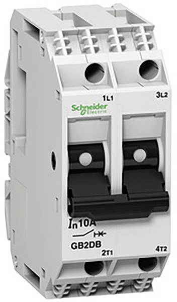 Ein zweipoliger Leistungsschalter von Schneider Electric, Modell GB2DB, mit der Stromstärke 10A. Wichtig für elektrische Schutzschaltungen.