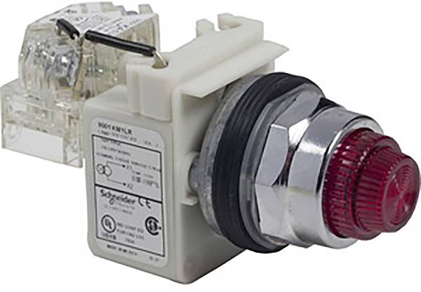 Ein roter Druckknopf von Schneider Electric mit silbernem Gehäuse, geeignet für industrielle Steuerungsanwendungen.