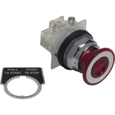 Ein roter Druckknopf mit Beschriftung 'Pull to Start, Push to Stop'. Der Knopf ist für Steuerungsfunktionen in Maschinen geeignet.