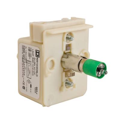 Ein weißer elektrischer Kippschalter mit grüner Abdeckung und Befestigungsschrauben, seitlich beschriftet.