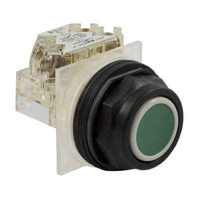 Runder grüner Druckknopf-Schalter mit schwarzem Gehäuse und transparenter Basis, für elektronische Steuerungen verwendet.