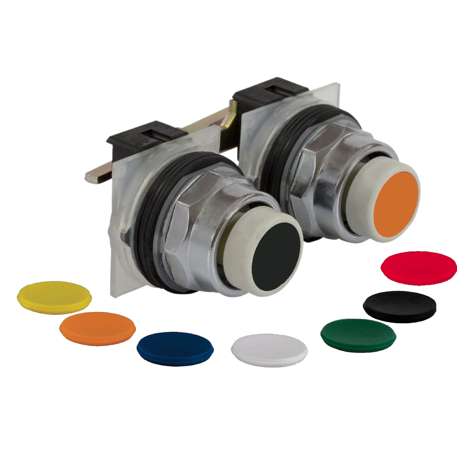 Zwei runde Druckknöpfe mit wechselbaren farbigen Kappen: orange, schwarz, rot, gelb, blau, grün, weiß. Kappen liegen daneben.
