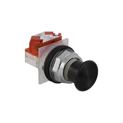Ein schwarzer runder Druckknopf mit transparentem und rotem Teil auf der Rückseite, oft verwendet in elektronischen Schaltkreisen.