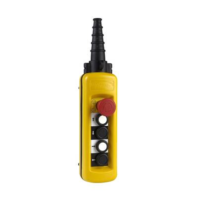 Ein gelbes Bedienfeld mit drei schwarzen Knöpfen und einem roten Not-Aus-Schalter, genutzt zur Maschinensteuerung.
