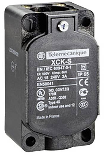 Ein rechteckiger Endschalter von Telemecanique, Modell XCK-S, in Schwarz mit technischen Spezifikationen auf der Vorderseite.