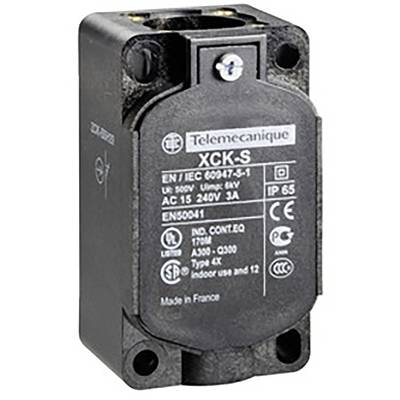 Ein rechteckiger Endschalter von Telemecanique, Modell XCK-S, in Schwarz mit technischen Spezifikationen auf der Vorderseite.