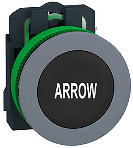 Schwarzer Knopf mit grauem Rand, darauf steht 'ARROW'. Der Knopf ist auf einem grünen Hintergrund platziert.
