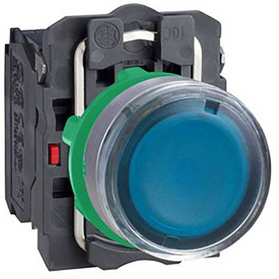 Ein runder, blauer Druckknopfschalter auf schwarzem Gehäuse.