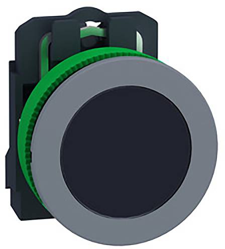 Runder, großer schwarzer Knopf mit grünem Ring und schwarzer Basis, möglicherweise ein Druckschalter oder Bedienelement.