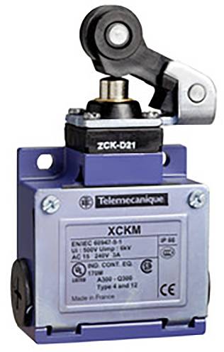Blauer elektrischer Endschalter mit Hebel von Telemecanique. Modell 'XCKM'. Gehäuseinformationen: Schutzart IP66, Made in France.