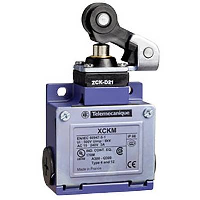 Blauer elektrischer Endschalter mit Hebel von Telemecanique. Modell 'XCKM'. Gehäuseinformationen: Schutzart IP66, Made in France.