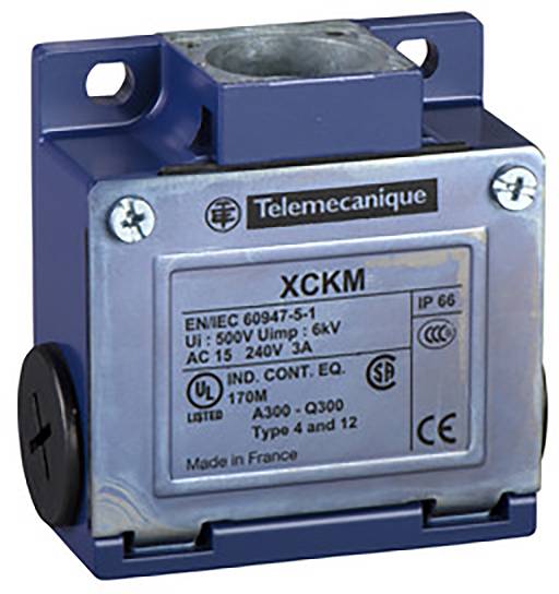 Blauer Schalter von Telemecanique mit Beschriftung 'XCKM', Nennspannung 500V, Schutzart IP66. Verwendung in industrieller Steuerung.