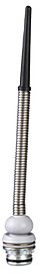 Metallischer Stift mit spiralförmiger Feder, schwarzem Griff und weißer Basis, vertikal ausgerichtet.