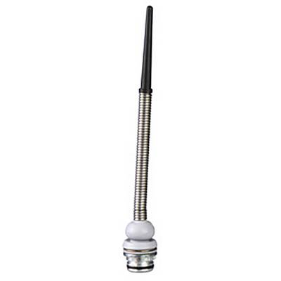 Metallischer Stift mit spiralförmiger Feder, schwarzem Griff und weißer Basis, vertikal ausgerichtet.